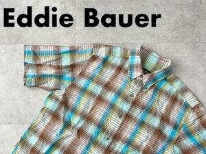 ☆送料無料☆ Eddie Bauer エディーバウアー 古着 半袖 チェック リネン混 ボタンダウン シャツ メンズ S ブラウン トップス 中古 即決