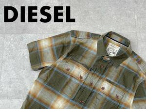 ☆送料無料☆ DIESEL ディーゼル 古着 半袖 エポレット付 ダブルポケット チェック マチ付き スリムフィット シャツ メンズ S グリーン