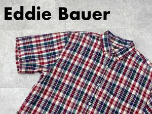 ☆送料無料☆ Eddie Bauer エディーバウアー 古着 半袖 チェック ロゴ ボタンダウン シャツ メンズ S 大きめ グリーン トップス 中古 即決