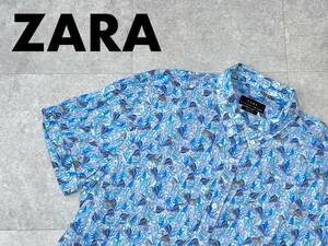 ☆送料無料☆ ZARA ザラ 古着 半袖 総柄 スリムフィット シャツ メンズ M トップス 中古 即決