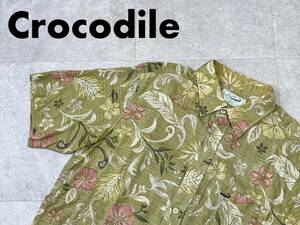 ☆送料無料☆ Crocodile クロコダイル 古着 半袖 総柄 リバースプリント 裏使い ボックス シャツ メンズ M リネン混 トップス 中古 即決