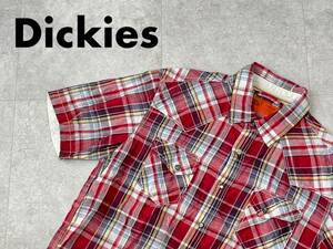 ☆送料無料☆ Dickies ディッキーズ 古着 半袖 マチ付き リネン混 薄手 チェック ウエスタン シャツ メンズ L レッド トップス 中古 即決