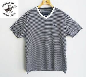 ▼BEVERIY HILLS POLO CLUB*LLサイズ*半袖Tシャツ*メッシュ生地*ボーダー柄*白黒*モノトーン*メンズ*ビバリーヒルズポロクラブ #5252