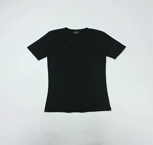 (未使用) MIX LIMITED // 半袖 ストレッチ 裾口切りっぱなし ヘンリーネック Tシャツ・カットソー (黒) サイズ L