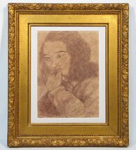 林武　「少女像」　額装６号　東美鑑定証書付属　コンテ描法の濃淡・緩急を生かした、林にして可能な、まことに味わい豊かな女性像です_画像1
