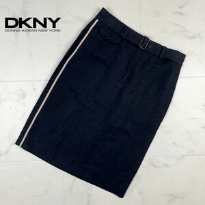 美品 DKNY ダナキャランニューヨーク タイトスカート リネン混 膝丈 裏地なし バックスリット レディース 黒 ブラック サイズ2*HB752