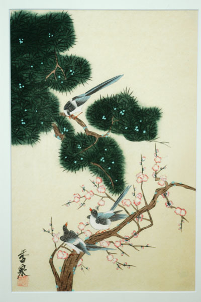 Framed, Flower and bird painting, Good luck paintings, Ink painting, Contemporary Yi Dynasty Folk Painting: Blue Pine, Plum and long-tailed bird, Artwork, Painting, Ink painting