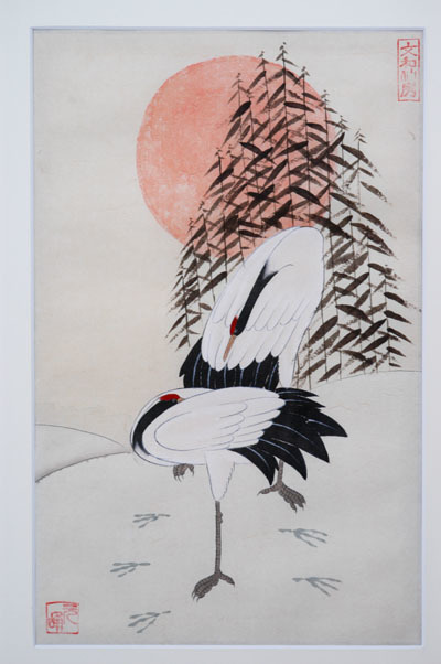 Ink painting, Modern Yi Dynasty Folk Painting: The Rising Sun and the Crane, Artwork, Painting, Ink painting