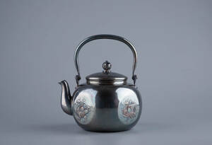 純銀保証 一東斎造 四象彫 湯沸 銀瓶 純銀製 時代物 古美術品 煎茶道具