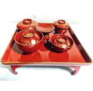 昭和五十二年　木製　漆器　寿　壽　お祝膳・お食い初め　盆付き　セット木製 椀 一式 
