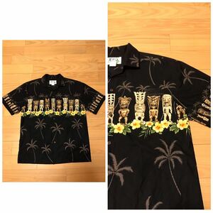 着用少な目.美品☆HAWAII.USA製／KY'S サイズM大き目.日本L-XL並? 希少ブラック.半袖アロハシャツ・ティキボーダー柄&パームツリー総柄 黒!