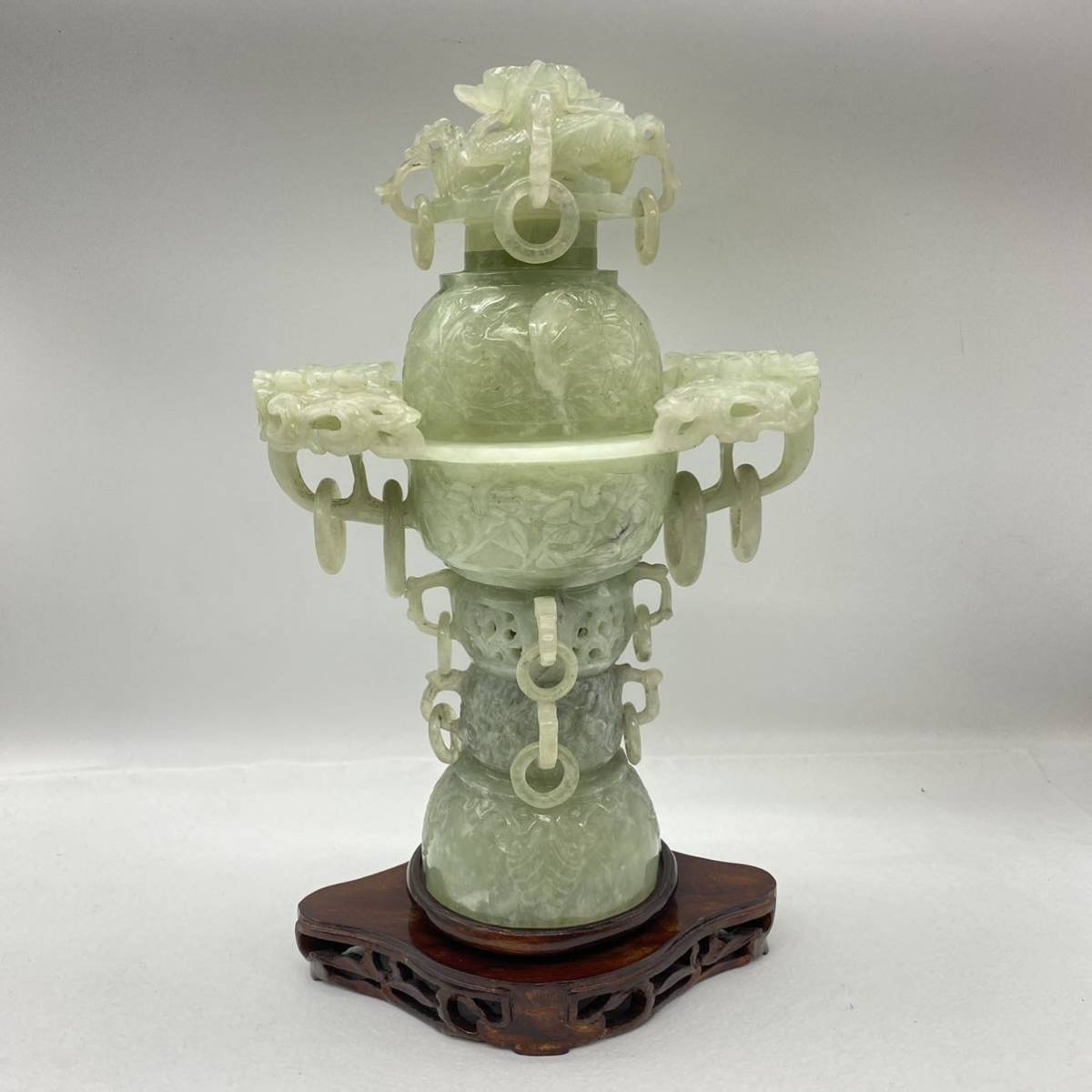 中国美術 中国古玩 天然岫玉 玉製 砡製 砡精密細工造 翡翠 遊環香炉