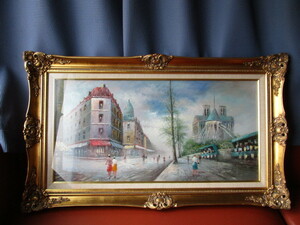 油絵　Y.SIMON シモン作　ヨーロッパ　街並み　額装 油彩　風景画　サインあり　９３×５４cm　中古品