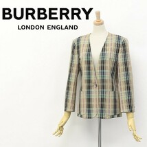 ヴィンテージ◆BURBERRYS バーバリー コットン＆リネン チェック柄 1釦 ノーカラー ジャケット 7AP_画像1