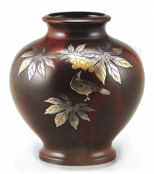 サイズ 高岡銅器 銅製花瓶 山本秀峰作 福寿 木瓜に鳥 黒鉄 10号 94-09