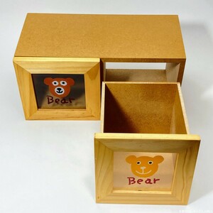 【未使用 / 即決 即購入可】 かわいい 木製２列引出しボックス 小物入れ クマ柄 引出し２個 No.20808-4