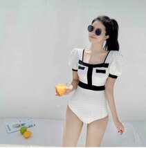 XL 白 セクシー ハイウエスト バイピング ワッフル 韓国 ワンピース 水着 シフォン 大人 体型カバー パフスリーブ jewels dholic tika_画像2