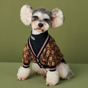 犬服 幾何学柄カーディガン＆英字刺繍Tシャツのセット 男の子女の子兼用 Sサイズ ドッグウェア ペット服