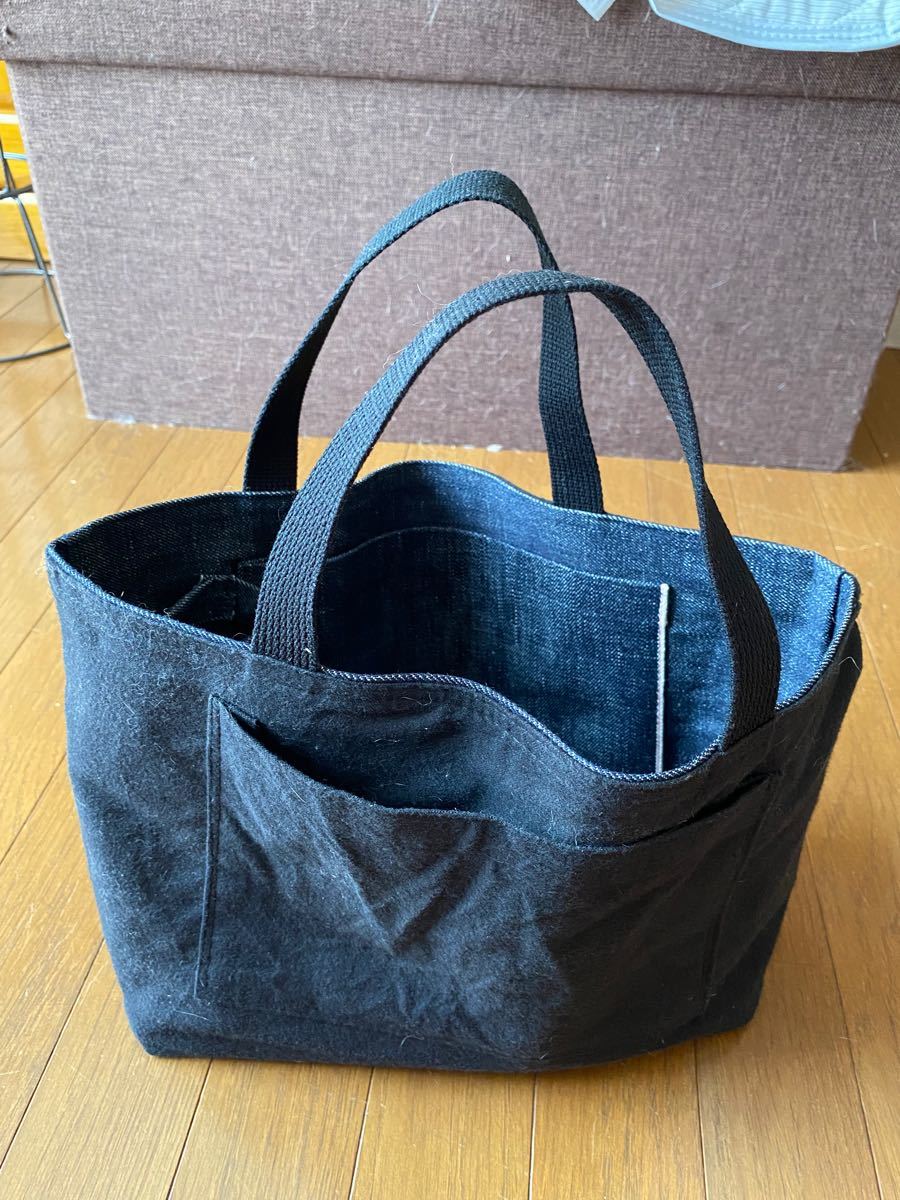 黒帆布 ポケットたくさん サイドポケット 手提げトートバッグ 黒帆布 ポケットたくさん サイドポケット 手提げトートバッグ