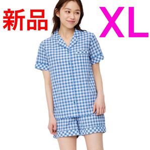 ブルー■ジーユー■GU■ギンガムチェック コットンパジャマ(半袖&ショートパンツ)■XL