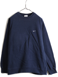 00s ■ ナイキ スモール スウォッシュ 刺繍 スウェット ( メンズ L ) 古着 NIKE 00年代 ワンポイント スウッシュ スエット トレーナー 紺