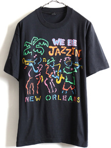 90s USA製 大きいサイズ XL ★ ジャズ アート プリント 半袖 Tシャツ ( メンズ ) 古着 90年代 JAZZ プリントTシャツ シングルステッチ 黒