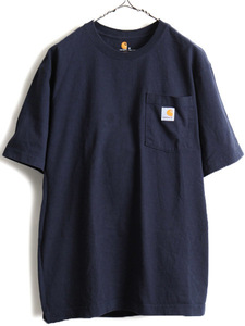 ■ カーハート ポケット付き 半袖 Tシャツ ( メンズ M ) 古着 CARHARTT 半袖Tシャツ ヘビーウェイト ポケT ロゴT 無地 ワンポイント 紺