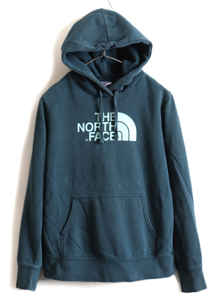 ■ ノースフェイス プリント スウェット フード パーカー ( レディース M ) 古着 The North Face トレーナー プルオーバー 裏起毛 緑 青