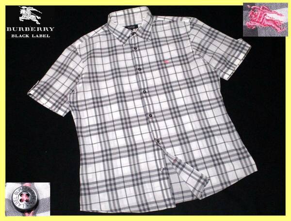 美品 バーバリーブラックレーベル ピンクホース刺繍 ノバチェック総柄 柔らかコットン生地 シャツ サイズ M(2)
