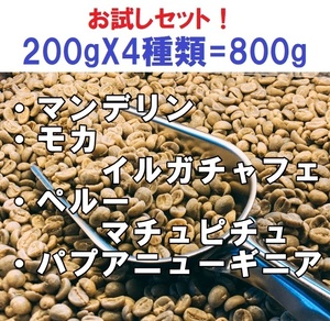 コーヒー生豆　(マンデリン、モカイルガチャフェ、ペルーマチュピチュ、パプアニューギニア）200gX4種類＝ 800ｇ 送料無料