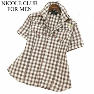 NICOLE CLUB FOR MEN ニコルクラブ フォーメン 半袖 ロゴ刺繍★ 襟ワイヤー ウエスタン ラメ チェック シャツ Sz.46　メンズ　C2T07595_8#A