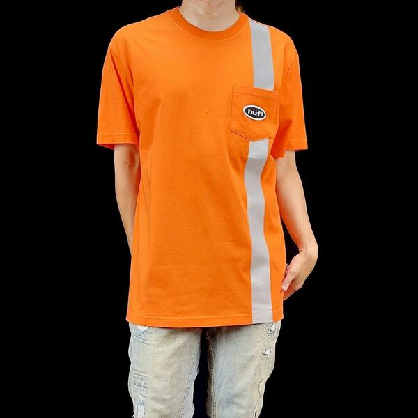 新品 HUF ハフ ワンポイント ロゴ ワッペン 反射 リフレクター ポケットTシャツ オレンジ Mサイズ ストリート スケーター モータースポーツ