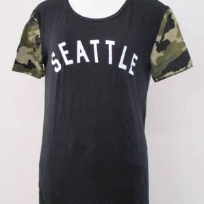 ★539【送料無料】韓国ブランド レーヨン混 トレンド先取り!! テロテロ素材 プリント入り 半袖 Tシャツ 薄手 黒 カモフラ柄 迷彩柄