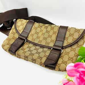 GUCCI グッチ ウエストポーチ バッグ GG キャンバス レザー ブラウン ユニセックス