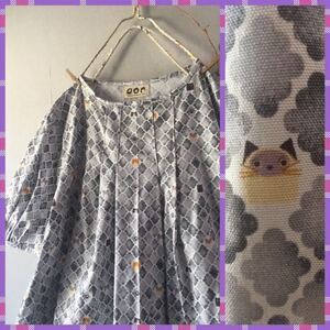 handmade::猫柄パフスリーブワンピース:北欧英国ハンドメイドコットンリネン綿麻ナチュラルモロッコタイルネコねこハチワレシャム肉球