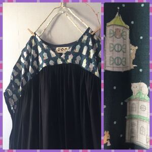 handmade::ネコ等メルヘンな動物柄ゆったりロングワンピース:北欧英国ハンドメイドブラックネイビー猫ウサギ小鳥犬フレブルリスクマ