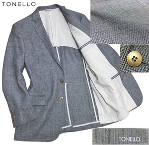 極美品 TONELLO トネッロ イタリア製 高級 麻混 リネン&ウール 金ボタン 2B テーラード ジャケット メンズ 52 XL位 グレー 春夏