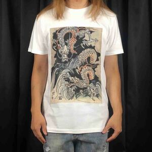 新品 ビッグ プリント 歌川国芳 花鳥画 双龍図 ドラゴン 浮世絵 和柄 日本画 Tシャツ S M L XL オーバー サイズ XXL~5XL ロンT パーカー 可