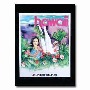 ハワイアンポスター エアラインシリーズ A-54 「ユナイテッド航空 女の人と滝」 サイズ：28×22cm アメリカ雑貨 アメリカ