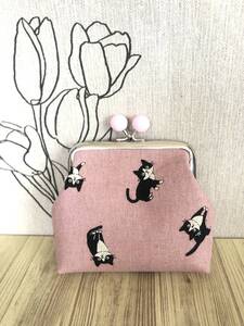 がま口 ポーチ / 財布 / 小物入れ / ハンドメイド ☆ 猫柄・スモークピンク2