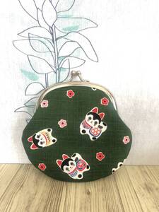 がま口 ポーチ/ 財布 / 小物入れ / ハンドメイド ☆和柄・狛犬・緑2
