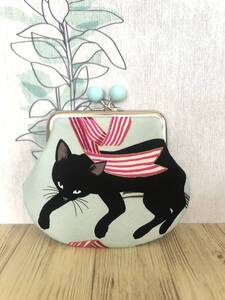 がま口 ポーチ/ 財布 / 小物入れ / ハンドメイド☆ 百華繚蘭・黒猫&リボン / サックスブルー6
