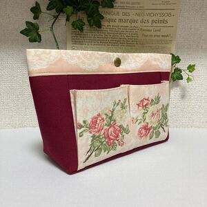 ◆バッグインバッグ◆ピンクレースRose&ボルドーの帆布◆ハンドメイド