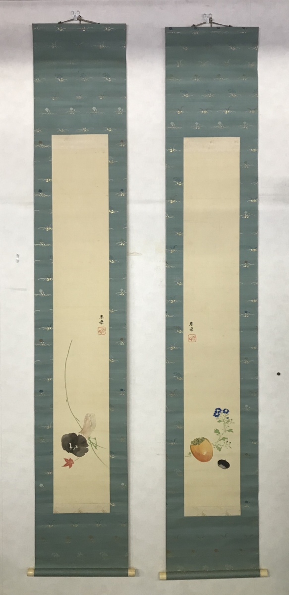 ■ Pergamino colgante Yamamoto Shunkyo Dos temas otoñales Par de pergaminos de seda con caja y caja doble Utensilios para la ceremonia del té c85, Cuadro, pintura japonesa, Paisaje, viento y luna