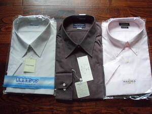 新品ワイシャツ3枚セット　パープルブラウン長袖　ピンクボタンダウン半袖　薄グレー半袖
