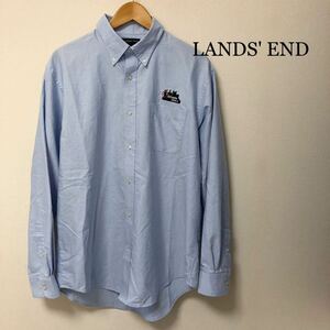 LANDS' END◇ランズエンド 長袖シャツ ボタンダウンシャツ トップス ロゴ刺繍 胸ポケ コットンポリ 爽やかブルー 紳士 メンズL(US) USA古着