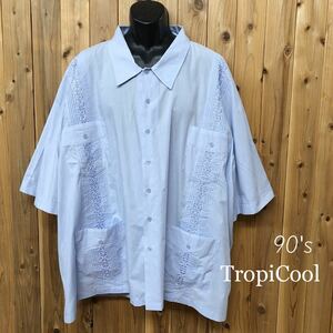 90's◇TropiCool 大きいサイズ メンズ6XL 半袖シャツ キューバシャツ 刺繍 四つポケット ポリコットン メキシカンシャツ ビンテージ古着