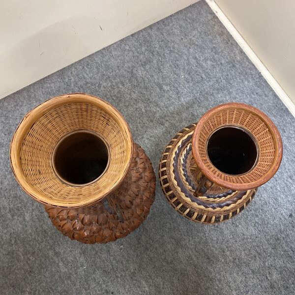 竹編伝統工芸品 中国竹細工 花器 2つ 中国 古 中国美術 花瓶