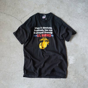 90s US.MARINES プリントTシャツ MADE IN USA 表記L 黒 フルーツオブザルーム / ビンテージ ミリタリー 米軍 古着