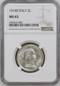 イタリア銀貨 1914R 2リレ NGC MS63 高鑑定 ビットーリオエマヌエレ3世 クアドリガ